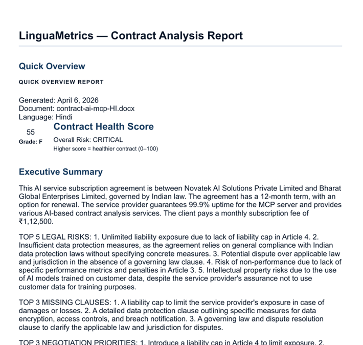 Sample report for a Hindi contract