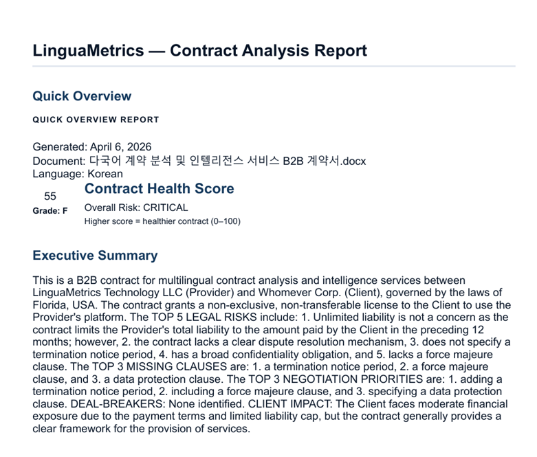 Sample report for a Korean contract